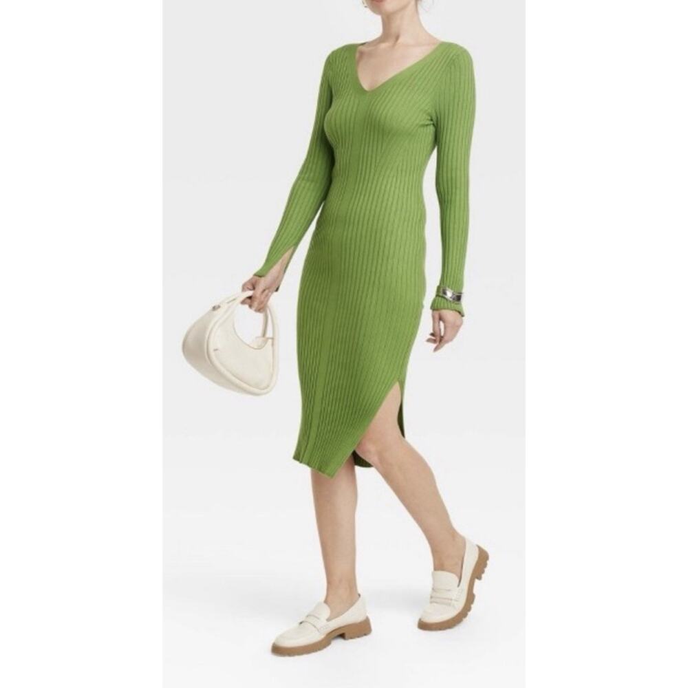 Ribbed Knit Midi Dress Green V Neck Long Sleeve Bodycon Slit A New Day XXL - Picture 5 of 8